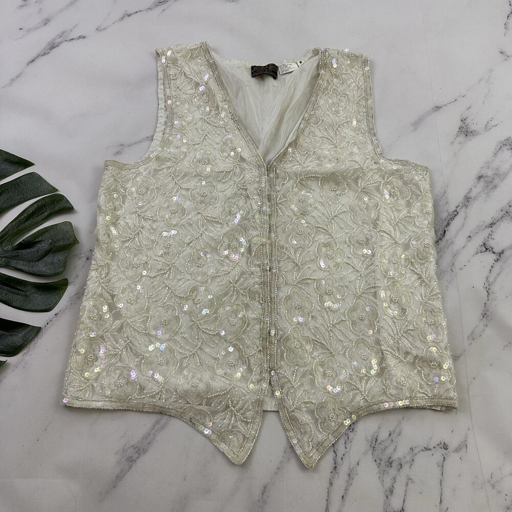 Eves Allure Womens Vintage 90s Beaded Lace Vest Size M White Floral Sequins